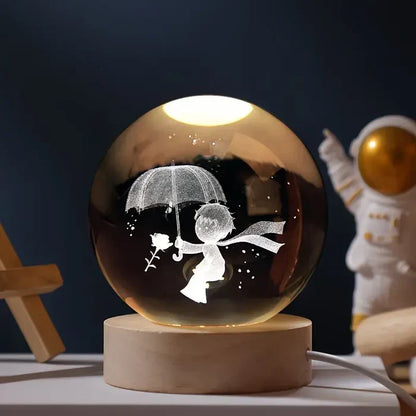 Glowing sphere night light, 3D engraved celestial galaxy pattern, perfect for kids' rooms.