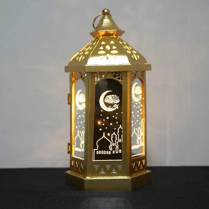 NoorLantern celestial projector lamp, ideal for Ramadan decor, Eid al-Fitr, and spiritual home ambiance. Wrought iron.