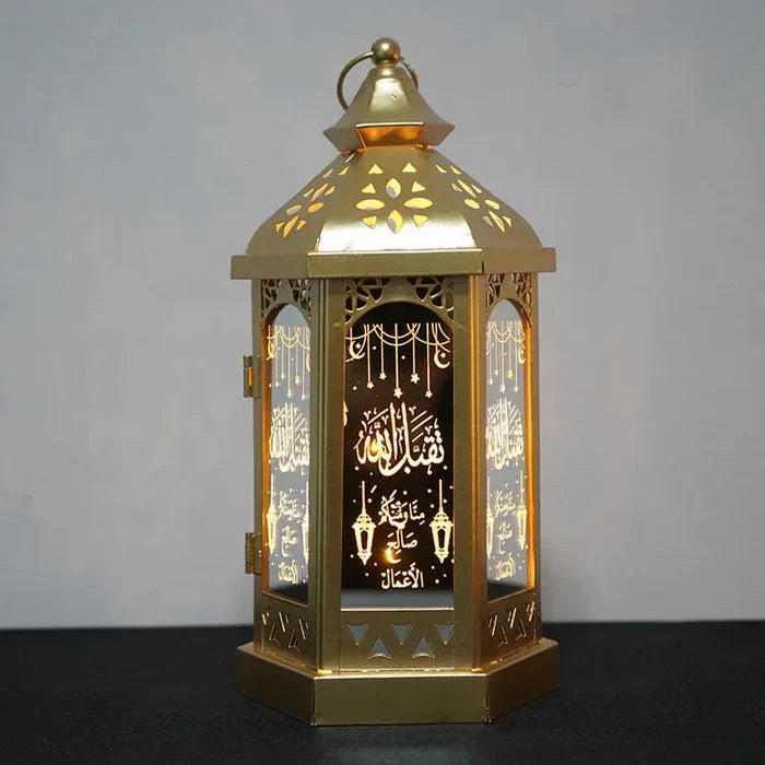 Wrought iron NoorLantern projector lamp, casting beautiful celestial light patterns for a spiritual and festive home.