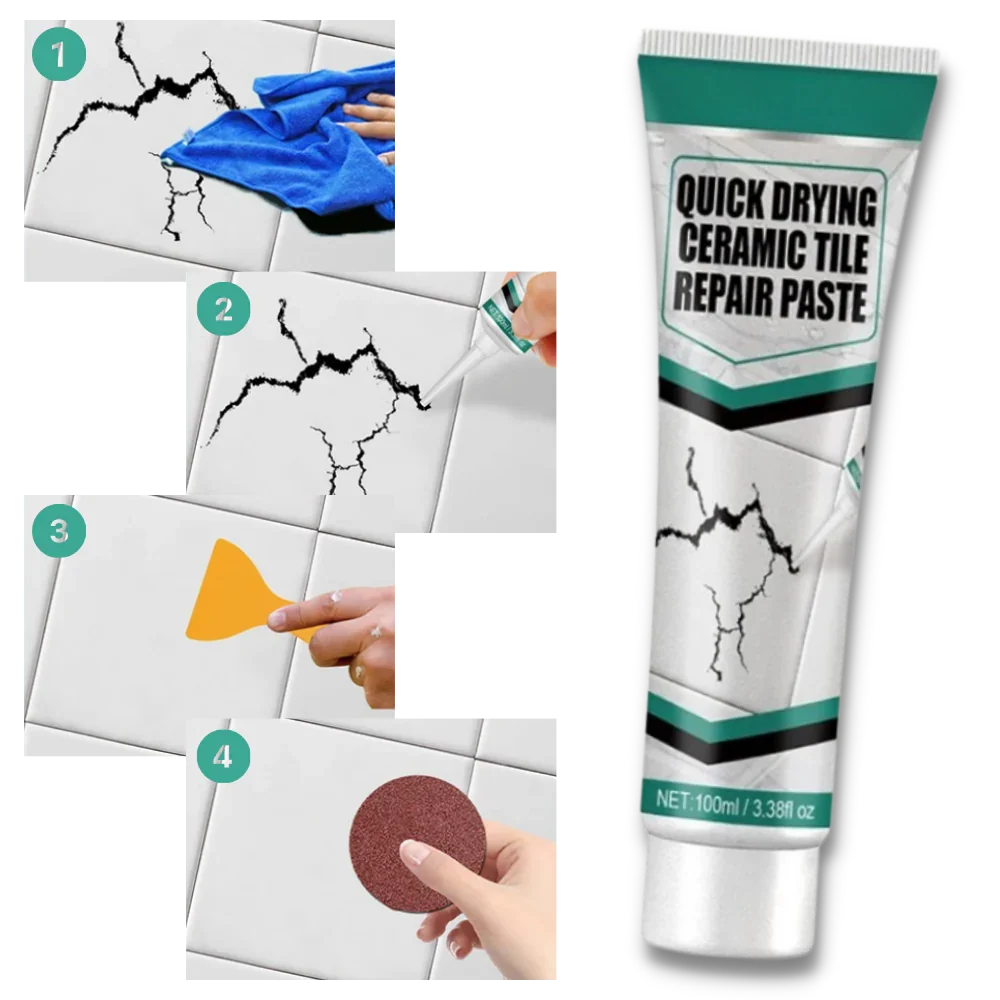 White ceramic tile repair kit for bathroom & kitchen surface crack restoration. DIY waterproof filler for tiles.