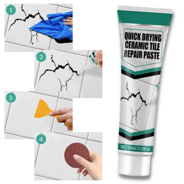 White ceramic tile repair kit for bathroom & kitchen surface crack restoration. DIY waterproof filler for tiles.