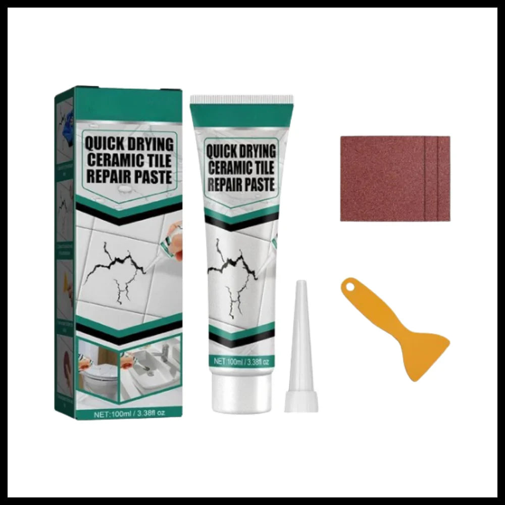 Bathroom tile crack repair kit. Easy-to-use ceramic paste for waterproof & durable surface restoration in home.