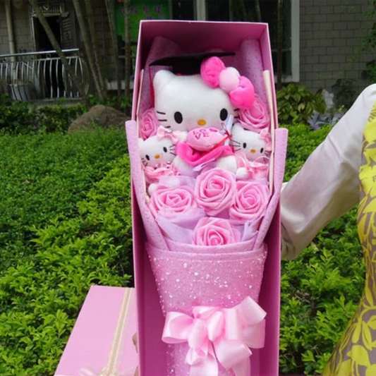 Charming cat plush flower bouquet, a unique gift for girls & women. Features soft plush cats & colorful soap flowers.