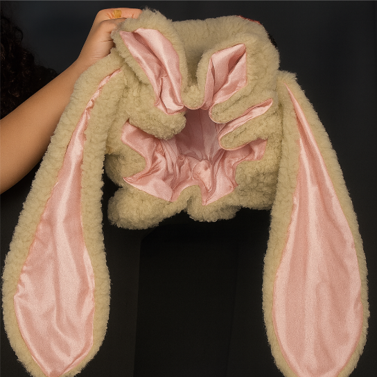 Warm women's charming bunny bonnet, perfect for gentle hair care and cozy winter lounging.