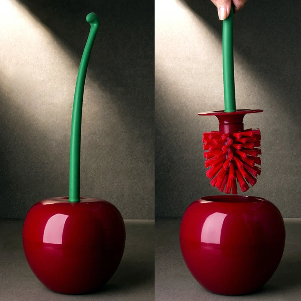 Cherry Bomb toilet brush, a quirky red & black bathroom accessory for effective deep cleaning & hygiene.