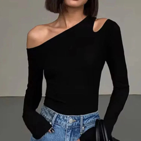 Chic black off-shoulder long sleeve top for women, an elegant & comfortable fashion piece for versatile daily wear.