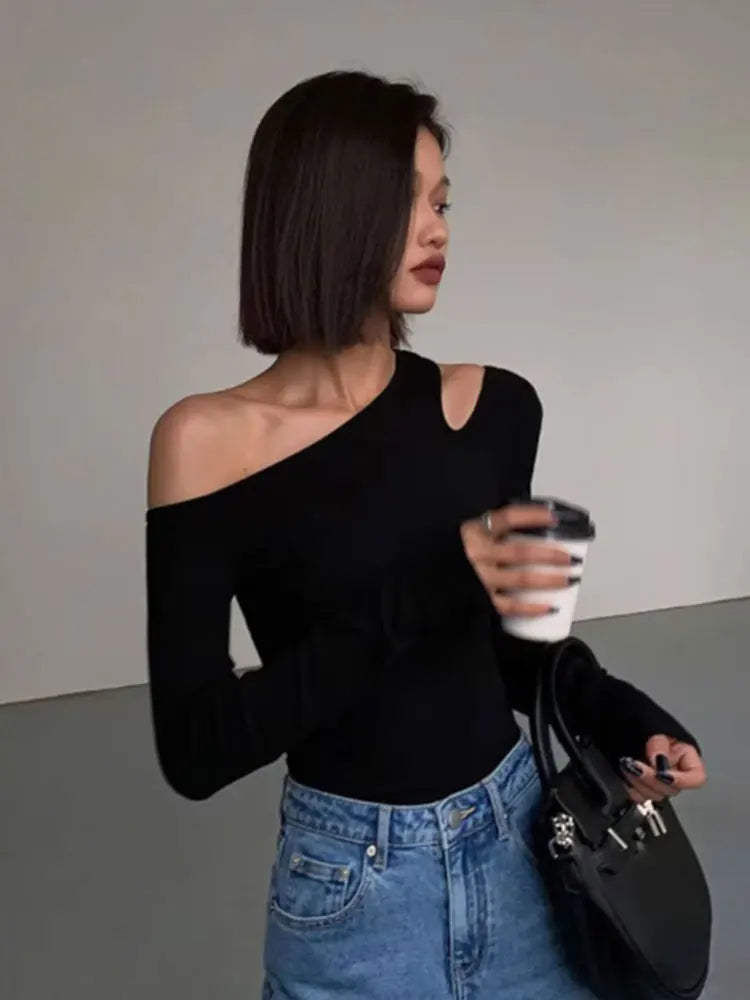 Elegant black long sleeve off-shoulder top for women, perfect for a chic casual look or versatile spring fashion.