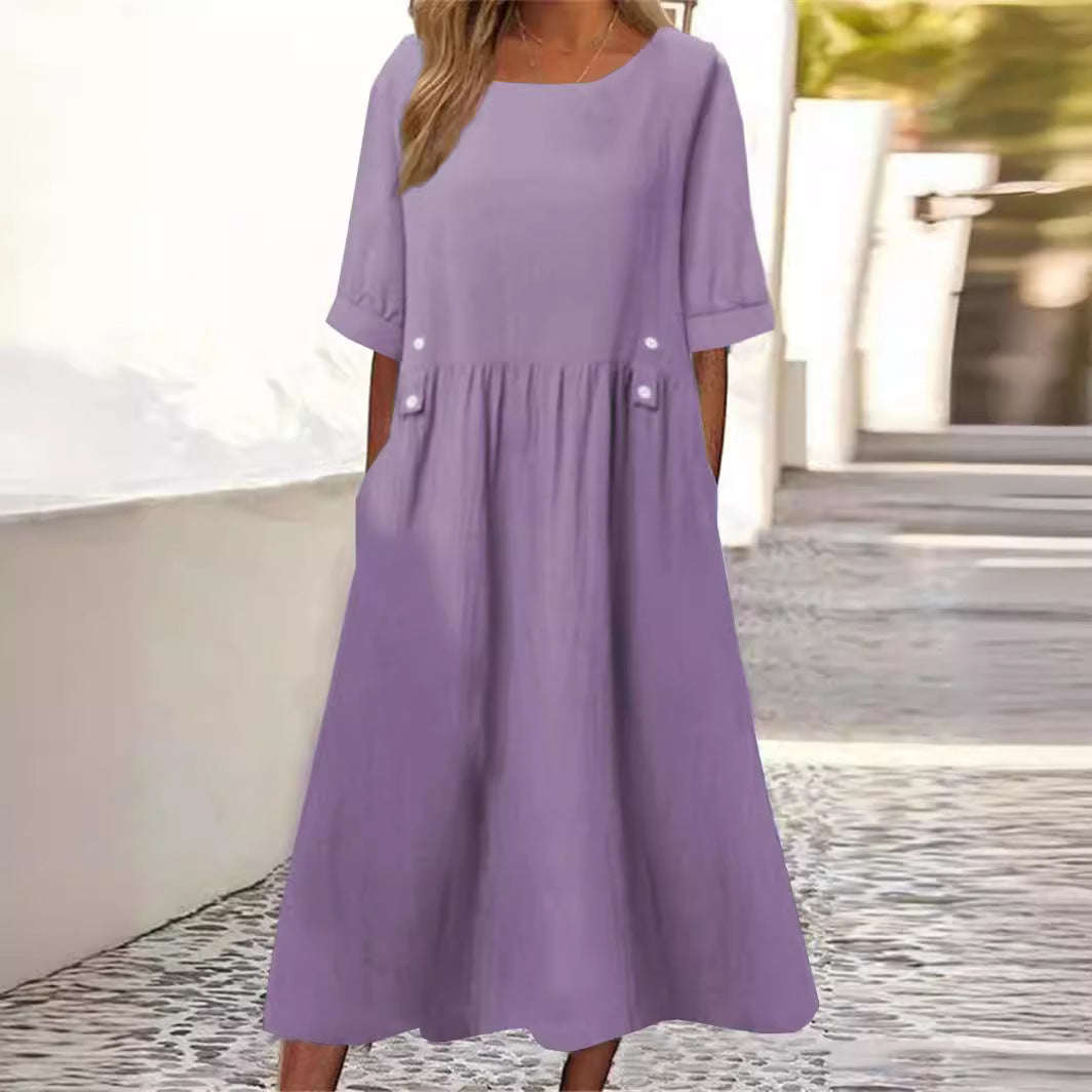 Chic everyday women's midi dress with a loose fit and round neck, perfect for comfortable summer casual wear.