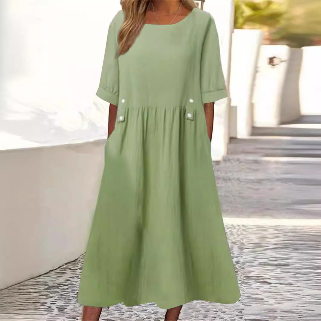 Stylish women's midi dress, loose fit & round neck for chic everyday wear. Comfortable summer casual fashion apparel.