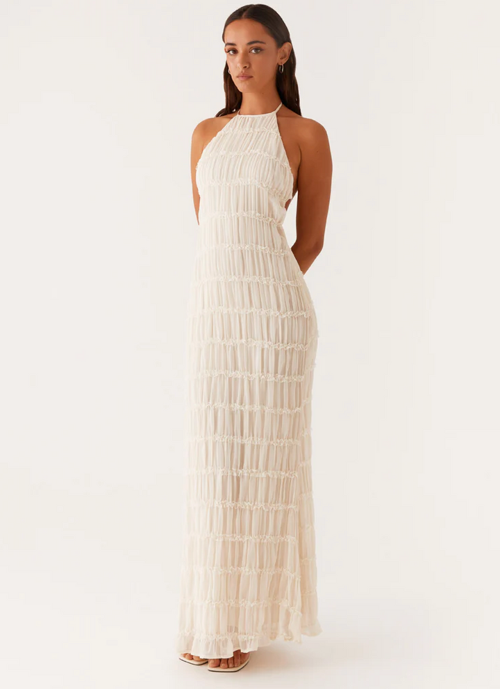 Chic Halter Maxi Dress for women, elegant wedding guest attire.