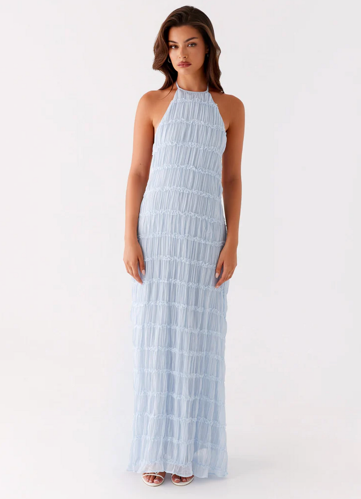 Textured halter maxi evening gown for women, sophisticated wedding guest look.