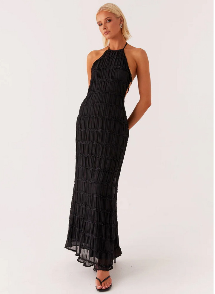 Flowy halter wedding guest maxi dress for women, flattering and stylish.