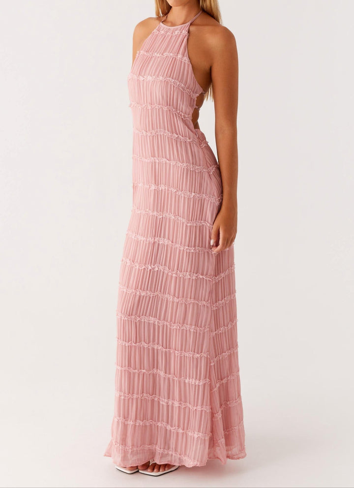 Open back halter maxi dress, elegant evening gown for women attending weddings.