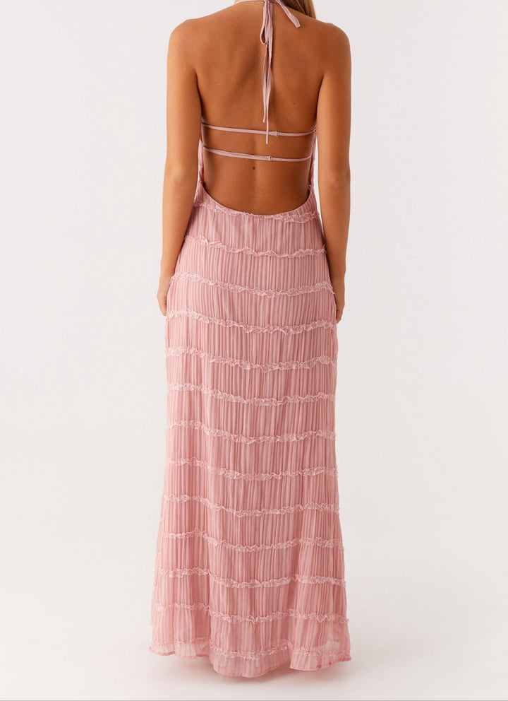 Luxurious halter maxi dress, perfect special occasion or wedding guest attire.