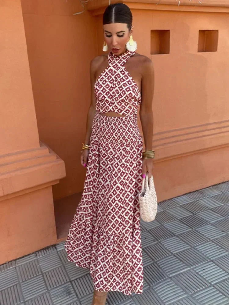Chic printed halter maxi wedding guest dress for women. Elegant summer special occasion attire.
