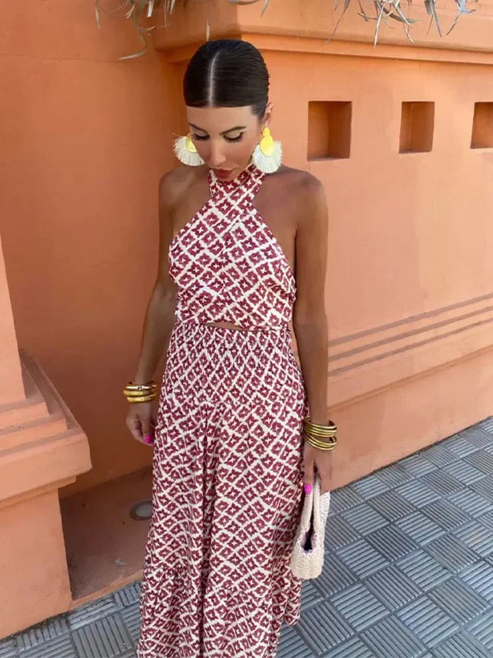Beautiful printed halter maxi dress for women, suitable for summer weddings & elegant parties.