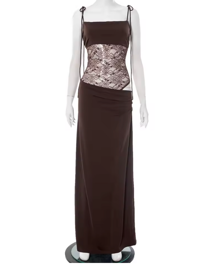 Women's elegant square-neck maxi dress with sheer panels. Ideal formal or wedding guest attire, a chic evening gown.