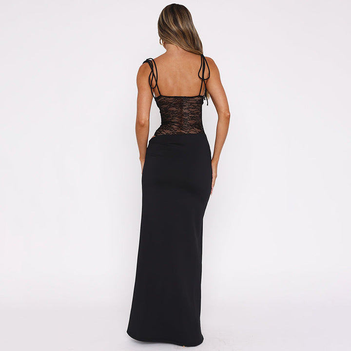 Women's elegant square-neck maxi wedding guest dress. Fitted formal gown with sheer details, perfect for evening events.