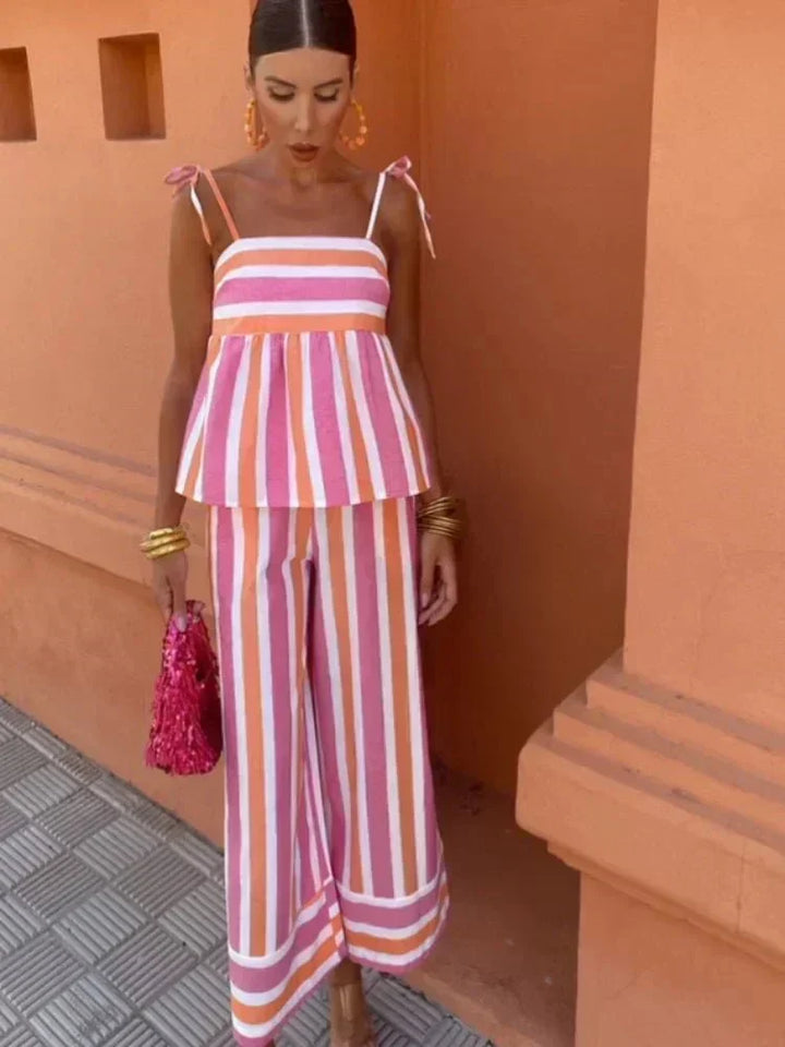 Elegant women's striped wide leg pant set, ideal for a wedding guest, garden party, or stylish vacation wear.