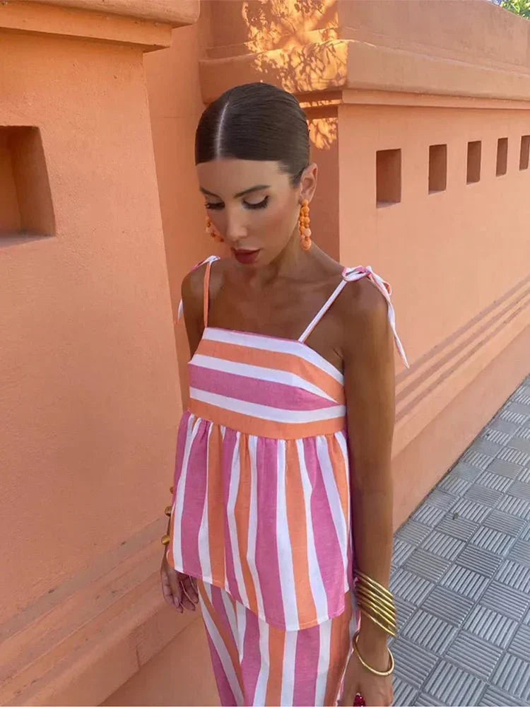 Summer wedding guest striped wide leg dress set for women. Lightweight peplum top & pants, perfect for vacation.