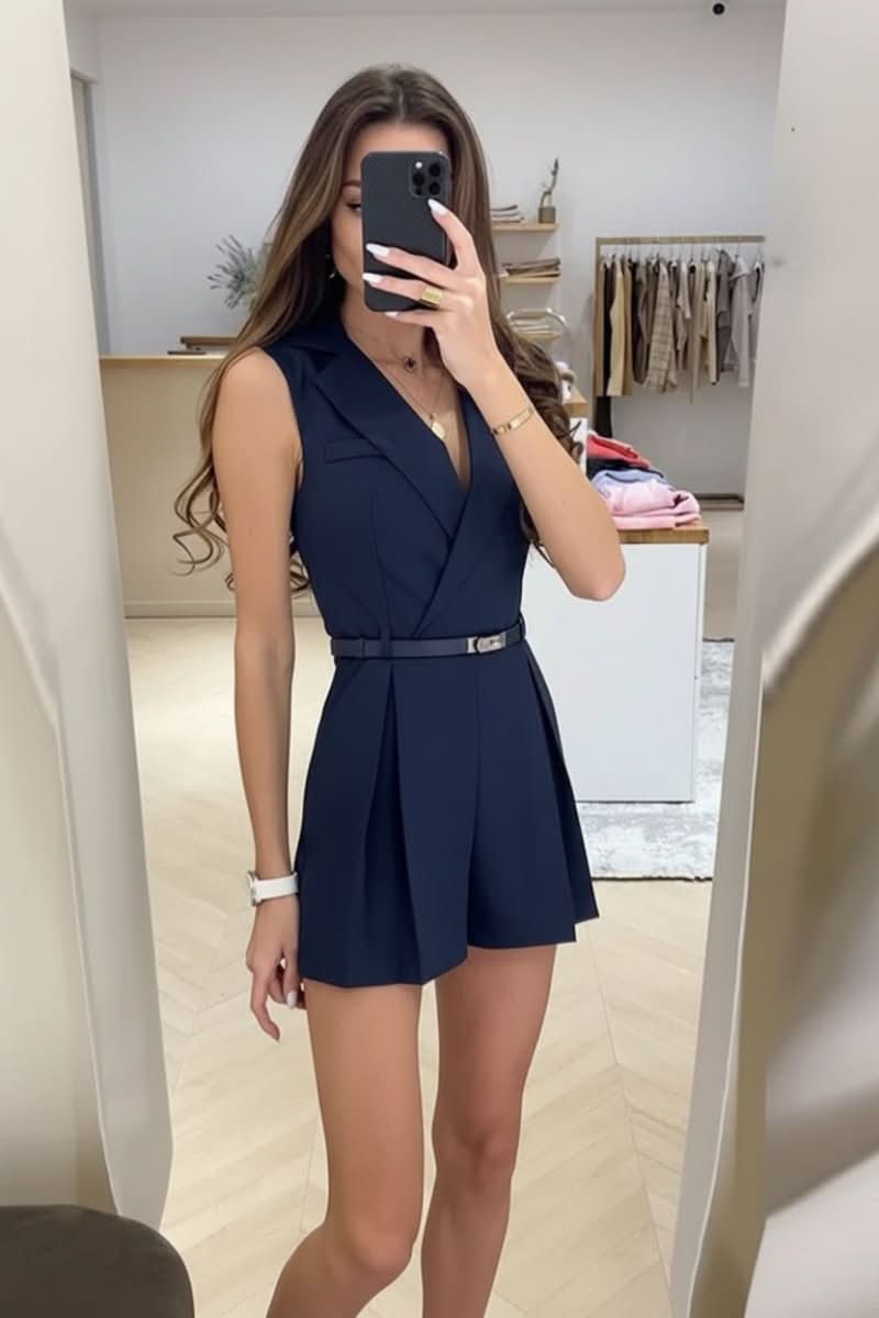 Elegant black sleeveless belted romper for women, a comfortable one-piece summer outfit for any occasion.