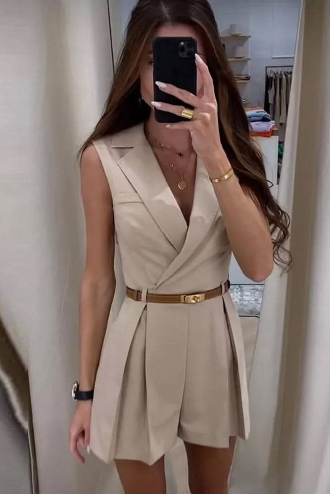 Versatile chic women's sleeveless romper with belt, a fashionable one-piece summer outfit for daily or travel.