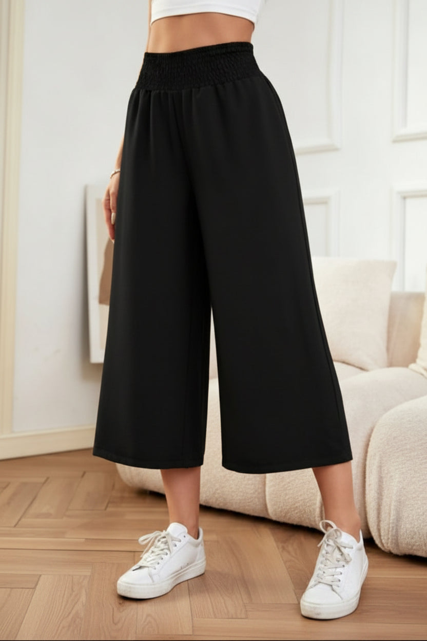 Khaki women's cropped wide leg pants with elastic waist for effortless summer comfort & style.
