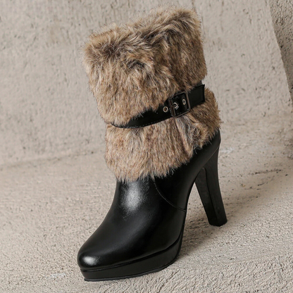 Chic women's black heeled ankle boots with elegant buckle detail, perfect for versatile fashion.