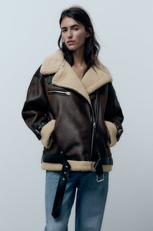 Chic women's brown lapel jacket, offering cozy versatile style for fall fashion & everyday wear.