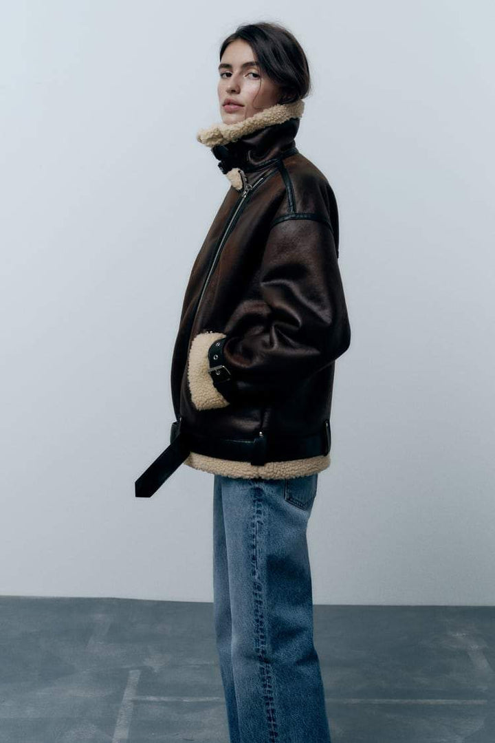 Cozy brown women's lapel jacket, a versatile piece for chic fall fashion & casual everyday style.