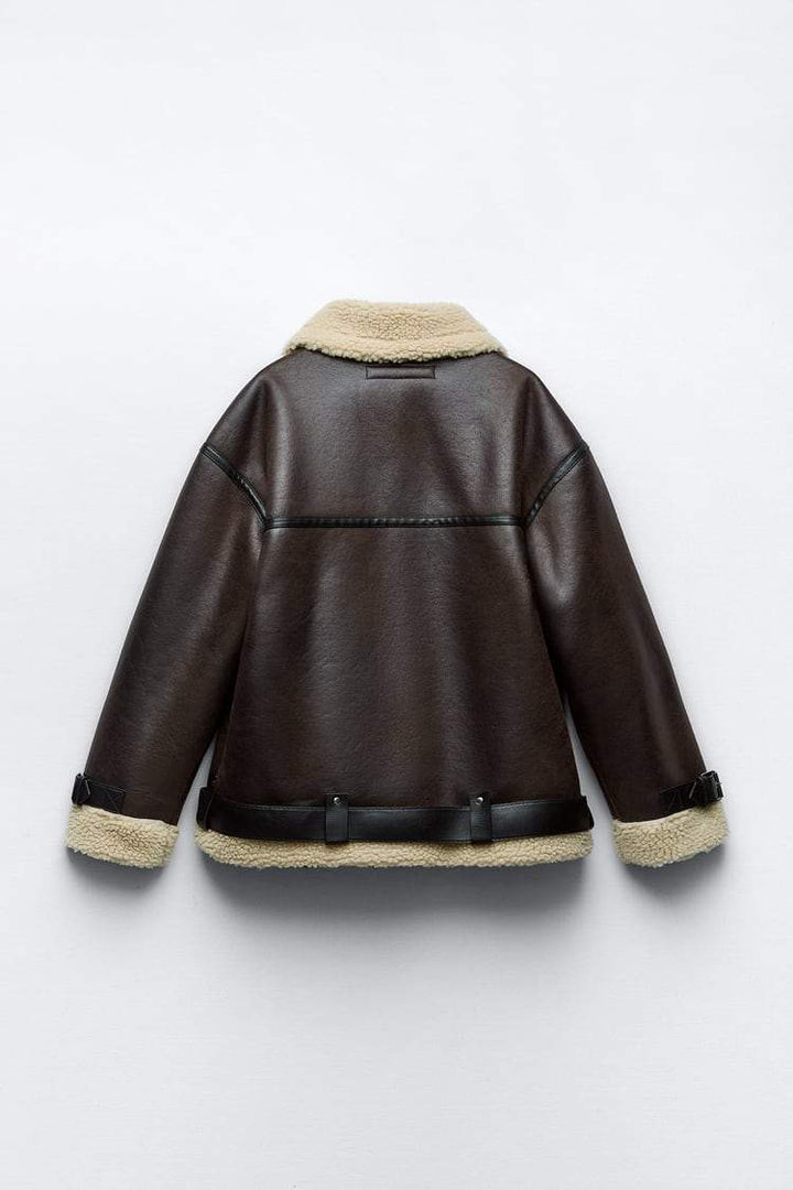 Women's cozy brown lapel jacket, a chic outerwear choice for versatile all-season & everyday style.