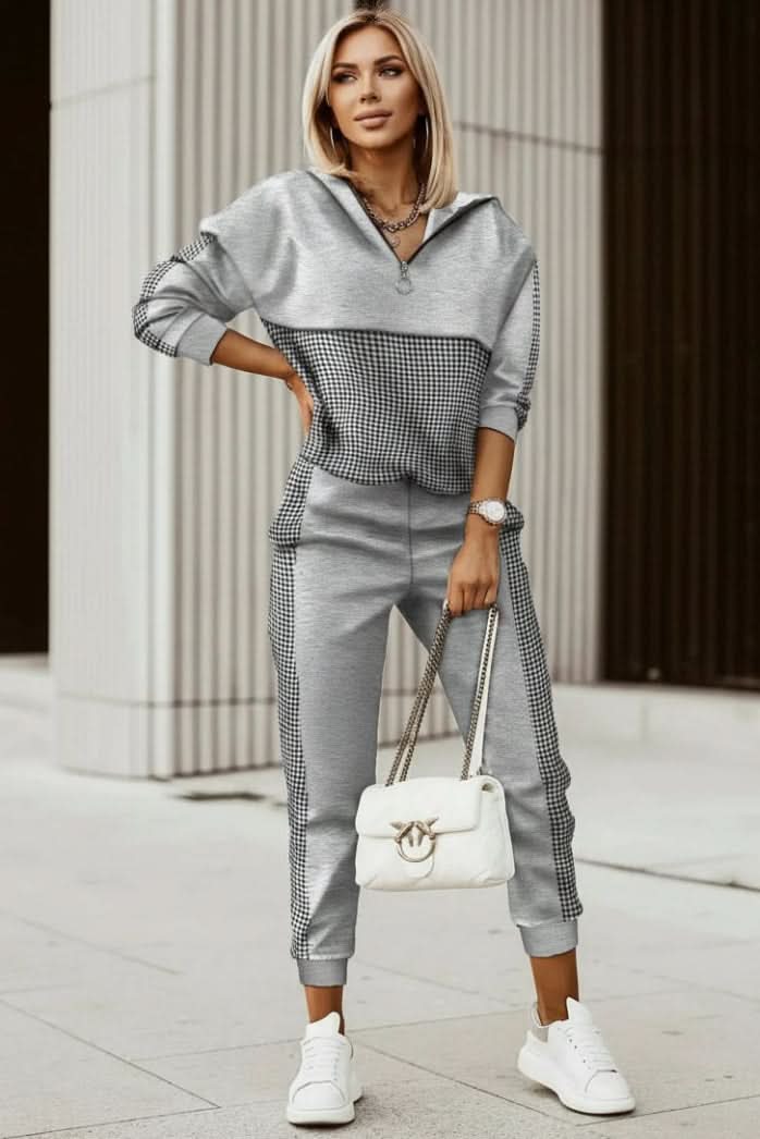 Women's chic loungewear set. Everyday comfortable two-piece tracksuit for relaxing or casual outings.