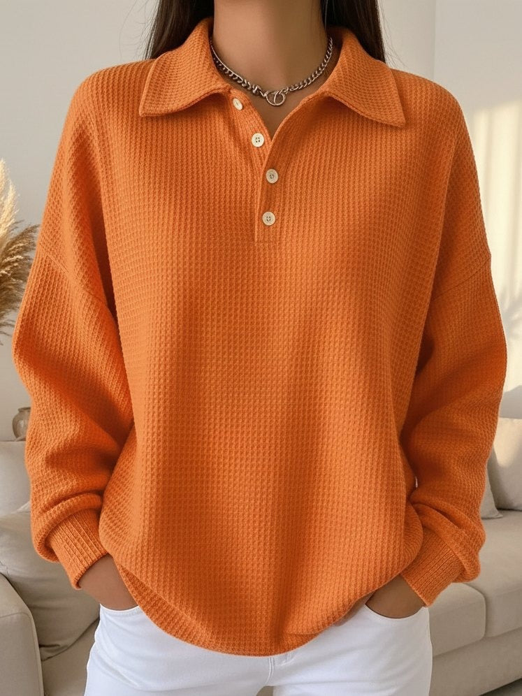 Chic women's collared henley sweater. Perfect for versatile autumn wear & comfortable fall fashion.