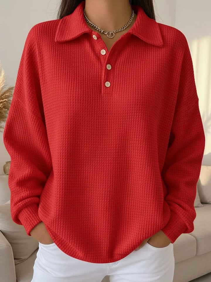 Comfortable oversized women's henley sweater. Ideal for casual autumn outfits & effortless fall fashion.