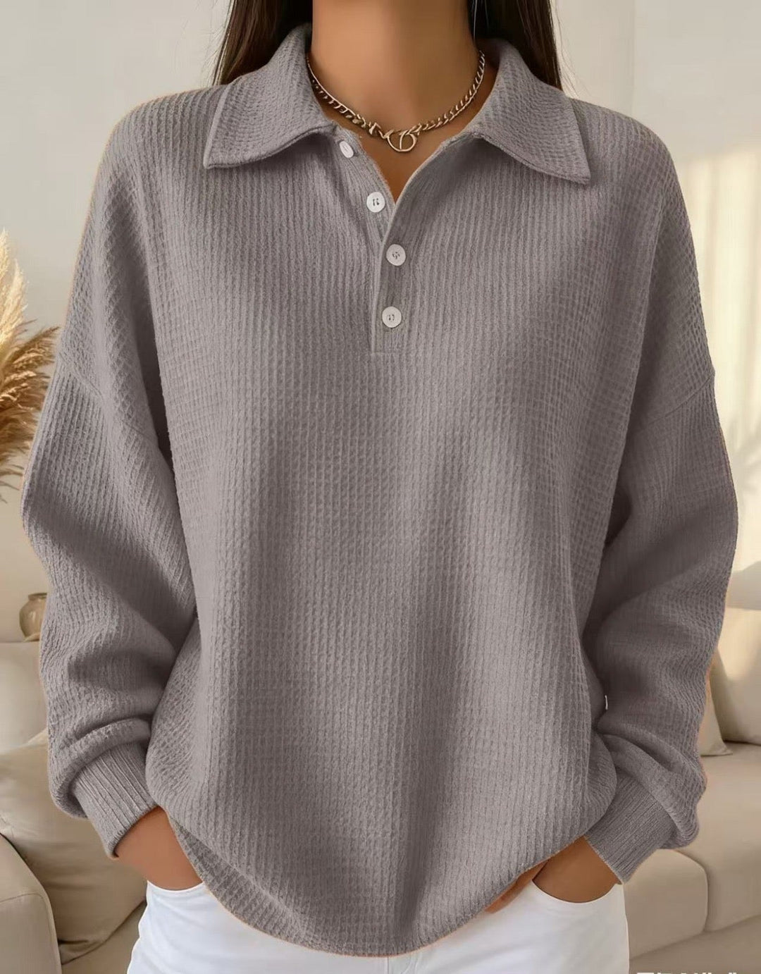 Effortless women's collared henley sweater. A versatile pullover for casual autumn wear & chic fall style.