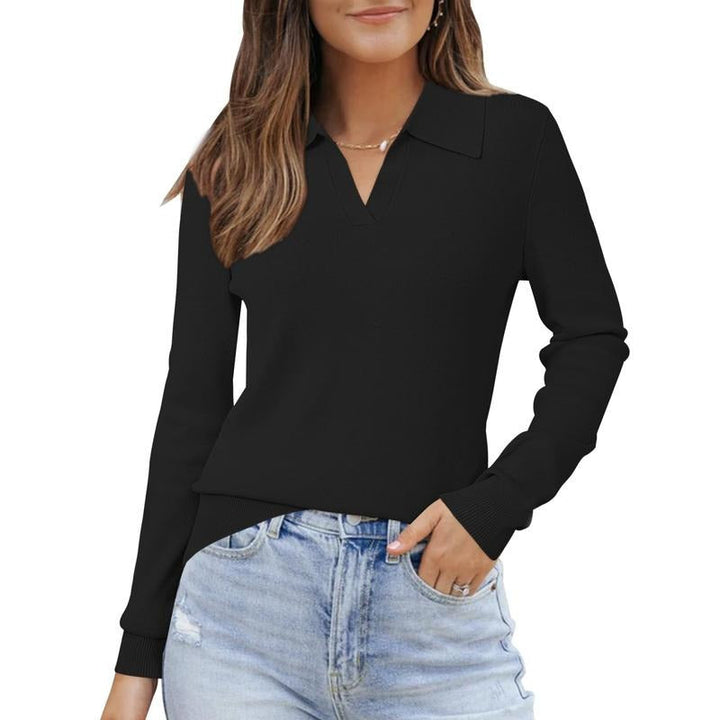 Versatile women's collared knit top, great for smart casual, business casual, or elegant everyday fashion.