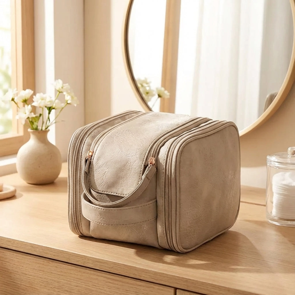 Chic women's cosmetic travel bag, a stylish makeup organizer for beauty storage on the go. Waterproof toiletry bag.