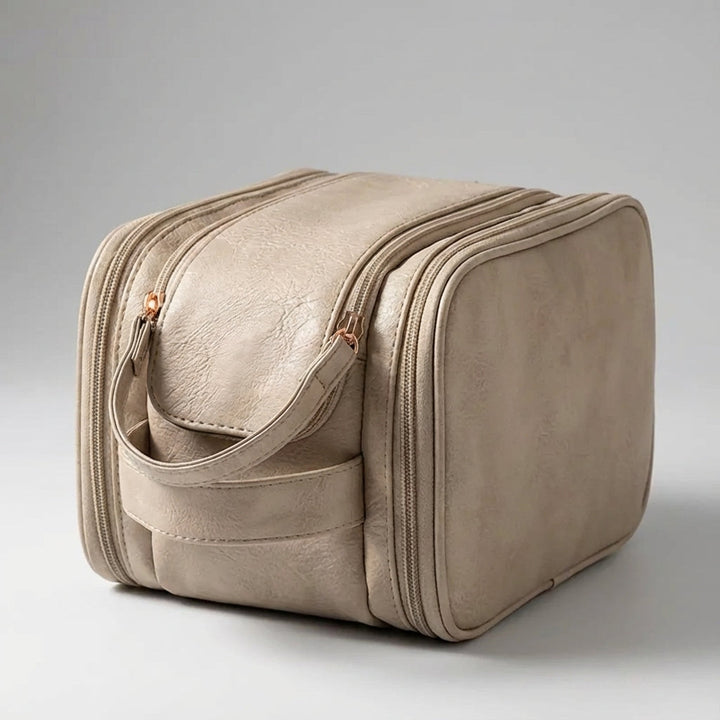 Multifunctional portable travel bag for women, an organized waterproof toiletry and makeup organizer with compartments.