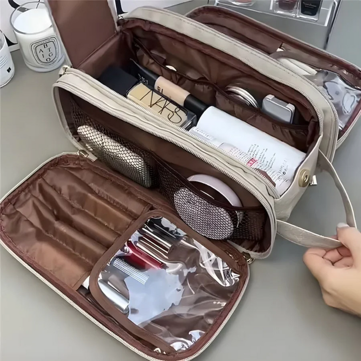 Chic multifunctional cosmetic travel bag for women, a waterproof makeup organizer and portable toiletry storage.