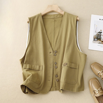 Women's button-front cotton-linen vest with pockets. Ideal for effortless spring, summer & fall fashion layering.