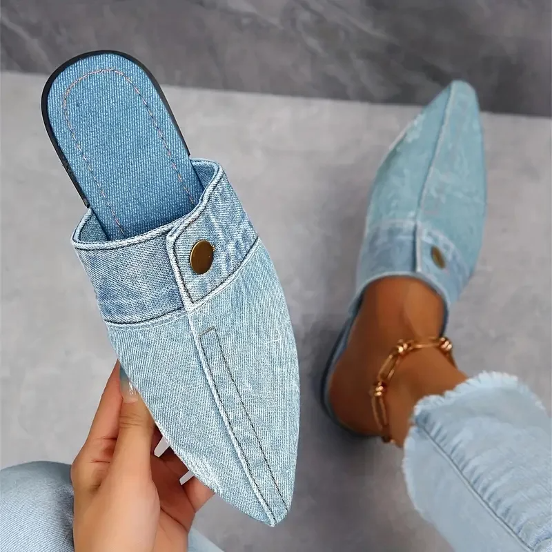 Chic women's denim mule slides with a pointed toe, perfect for casual, stylish slip-on comfort.