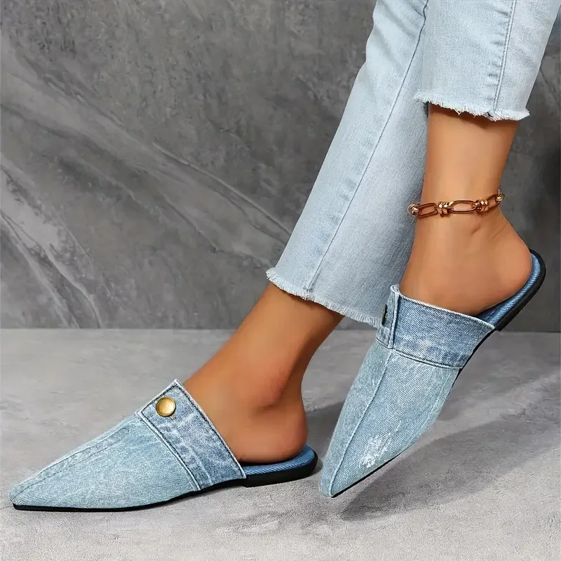 Comfortable women's denim mule slides, easy slip-on footwear for stylish casual fashion.