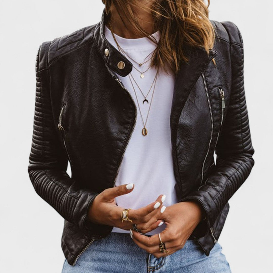 Chic women's elegant jacket; versatile for workwear, evening, or casual style. All-season fashionable outerwear.