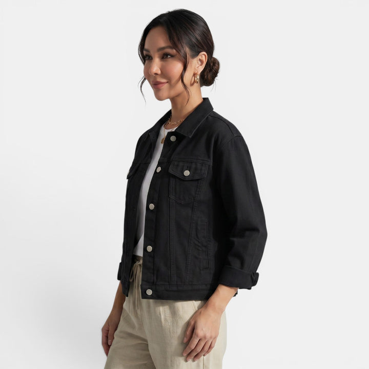Comfortable women's fitted jacket, designed for urban casual wear. Essential versatile layering outerwear.