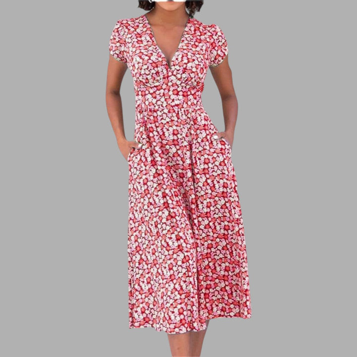 Elegant blue floral midi dress for women, featuring a flattering V-neck and short sleeves. Perfect summer style.