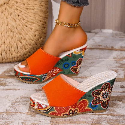 Women's fashionable floral wedge sandals. Chic slip-on footwear with an elegant design, providing ultimate comfort.