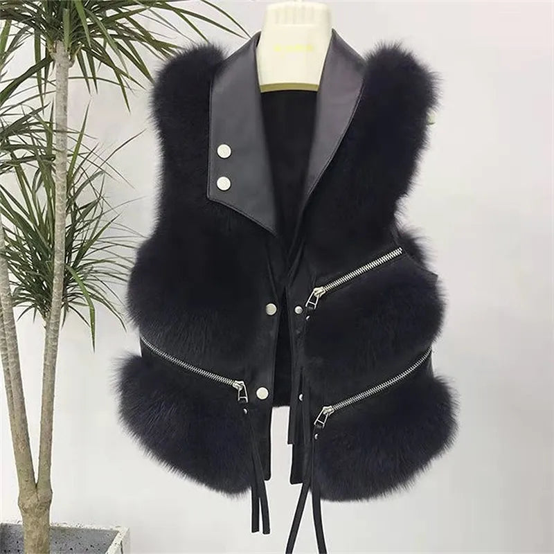 Elegant women's sleeveless faux fur vest. Fluffy and chic outerwear perfect for cozy autumn/winter fashion layering.