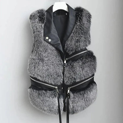 Soft fluffy faux fur vest for women. Chic sleeveless design, ideal cozy outerwear for stylish autumn/winter fashion.