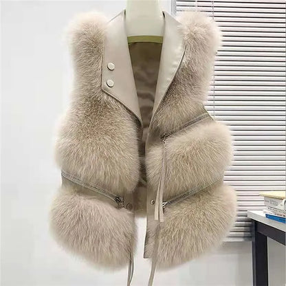 Fashionable women's fluffy vest. Chic and cozy sleeveless faux fur outerwear for stylish autumn & winter layering.