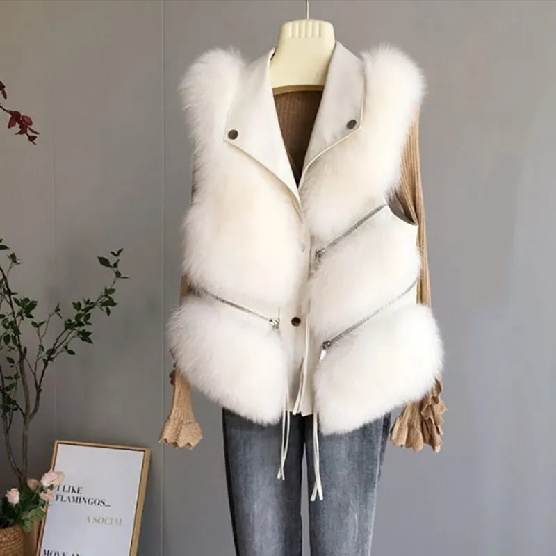 Effortless style with this women's chic fluffy fur vest. Cozy sleeveless outerwear for autumn/winter fashion.